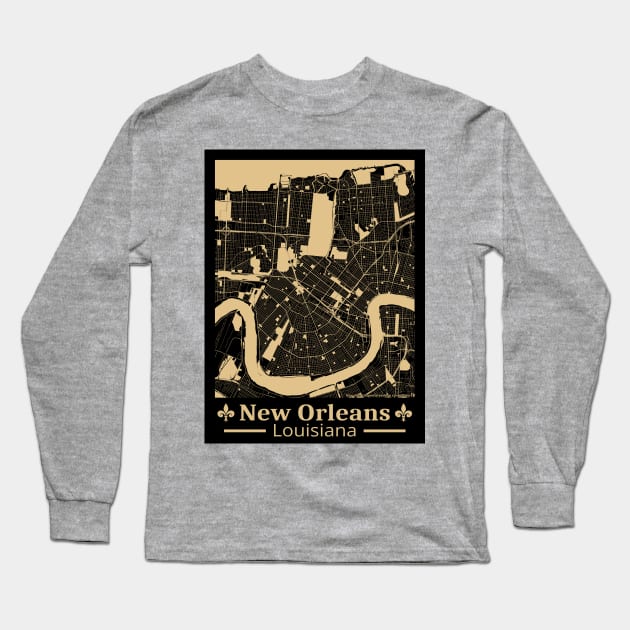 New Orleans Map - Black & Gold Long Sleeve T-Shirt by ObscureDesigns